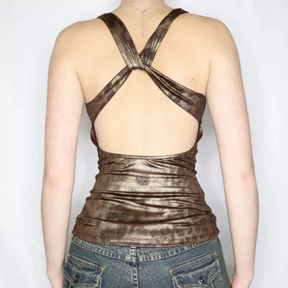 Vintage Leopard Print Gold Y2K Aesthetic Sleeveless Crop Top Women Sexy Backless - Picture 2 of 9